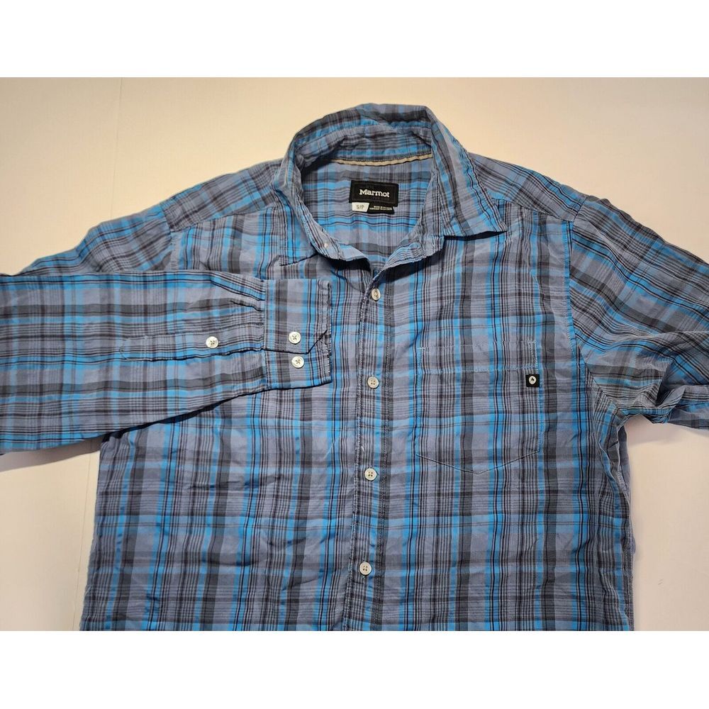 Marmot Mens Size S Blue Plaid Long Sleeve Button Up Shirt